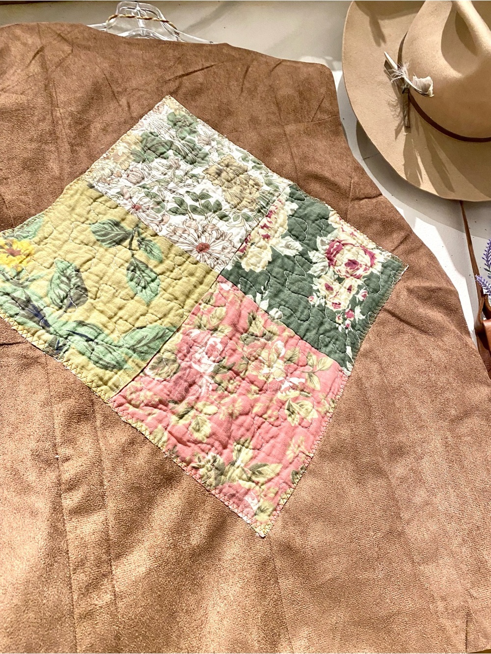 Upcycled Quilted back detailing on vegan suede boho vest rustic cottagecore vibe - Picture 7 of 16